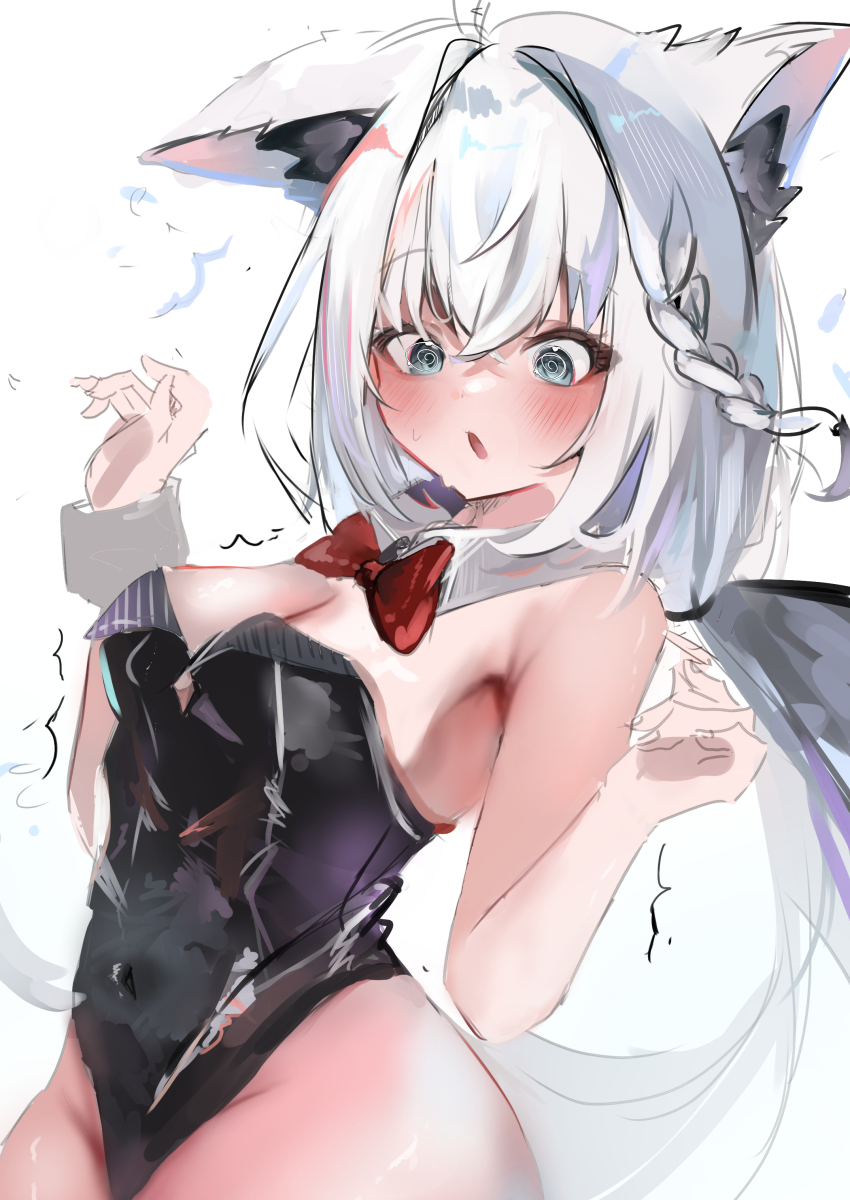 1girl @_@ absurdres ahoge alternate_costume animal_ears black_leotard blue_eyes blush fox_ears fox_girl fox_tail highres hololive leotard long_hair looking_at_viewer naaa_gg playboy_bunny ponytail shirakami_fubuki solo strapless strapless_leotard tail virtual_youtuber white_hair white_wrist_cuffs wrist_cuffs
