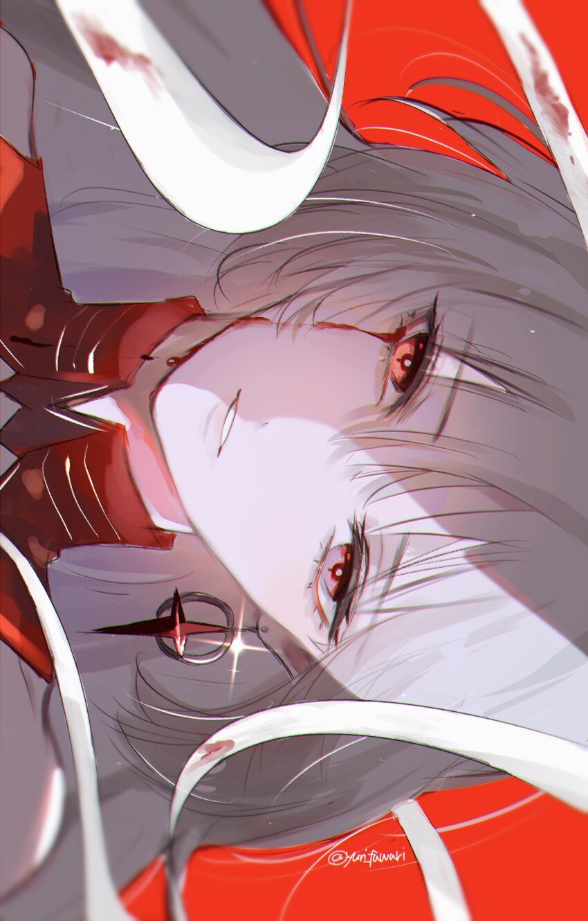 1girl blood bloody_tears commentary_request earrings grey_eyes heterochromia highres jewelry looking_at_viewer loose_bandages parted_lips phrolova_(wuthering_waves) portrait red_background red_eyes solo twitter_username wu_yuuri wuthering_waves