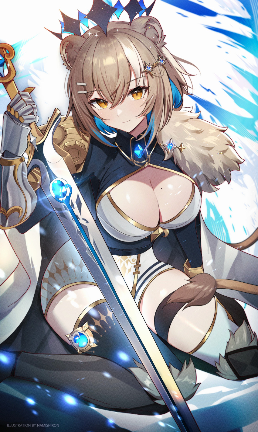 1girl absurdres animal_ear_fluff animal_ears armor asymmetrical_legwear blue_hair breasts brown_eyes brown_hair cleavage cloak commission crown dress gauntlets greaves hair_ornament hairclip hazumi_aileen highres indie_virtual_youtuber large_breasts lion_ears lion_girl lion_hair_ornament lion_tail looking_at_viewer mole mole_on_breast multicolored_hair namishiron pauldrons short_hair shoulder_armor sitting smile solo star_(symbol) star_hair_ornament sword tail thighhighs virtual_youtuber wariza weapon white_hair