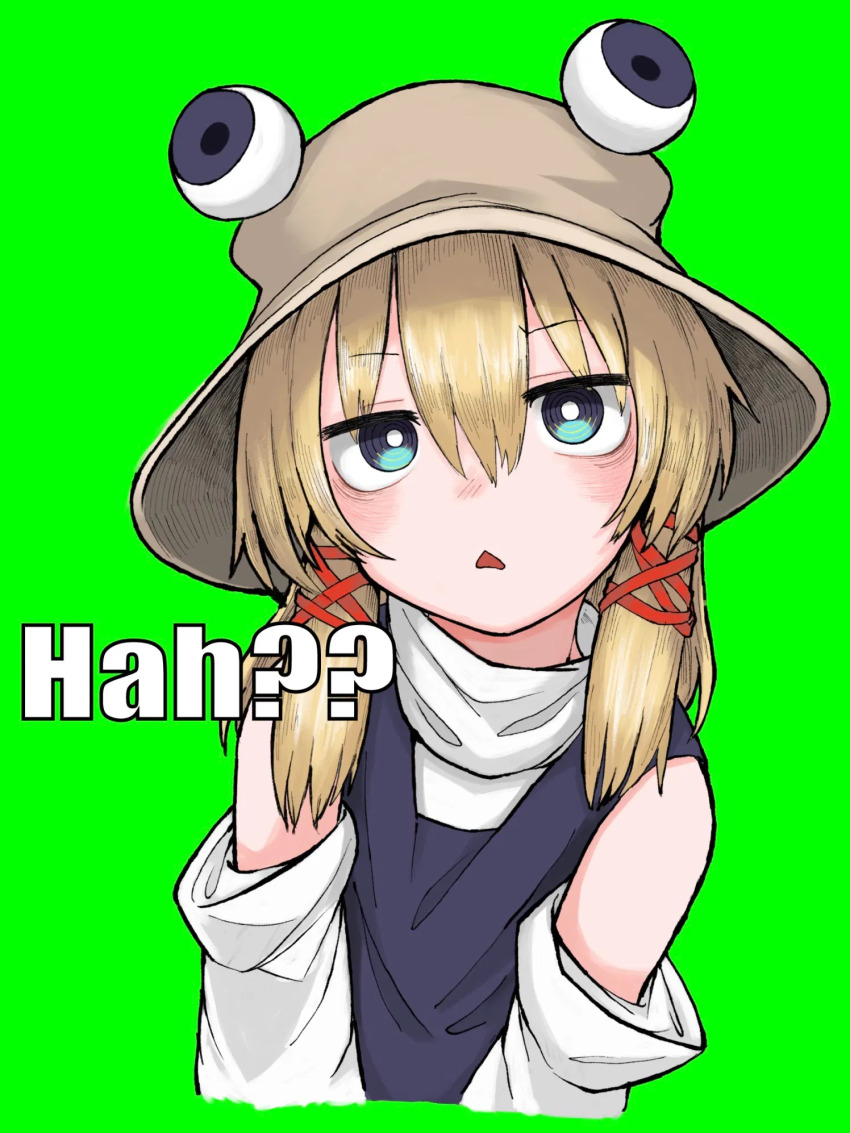 1girl :&lt; bare_shoulders blonde_hair blue_eyes blush bright_pupils bucket_hat cropped_torso detached_sleeves googly_eyes green_background grey_hat hair_between_eyes hat highres moriya_suwako neritch ringed_eyes simple_background solo touhou turtleneck webp-to-png_conversion white_pupils