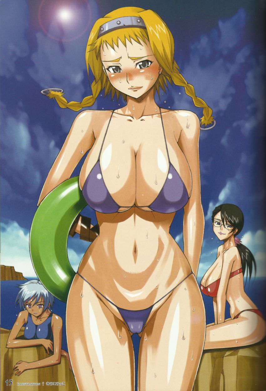 3girls absurdres bare_shoulders bikini black_eyes black_hair blonde_hair blue_hair blush braid breasts carrying cattleya_(queen&#039;s_blade) cleavage cloud collarbone curvy dark-skinned_female dark_skin embarrassed expressionless female_focus foreshortening glasses groin hairband head_tilt highres hip_focus innertube irma_(queen&#039;s_blade) kinoko_allstars large_breasts leina_(queen&#039;s_blade) lens_flare lips long_hair long_image looking_at_viewer multiple_girls navel one-piece_swimsuit outdoors panties purple_bikini purple_eyes queen&#039;s_blade red_bikini scan shiny_skin short_hair sitting skindentation sky smile standing strapless strapless_bikini sun sweat swim_ring swimsuit tall_image thigh_gap thighs thong_bikini twin_braids underwear water wet