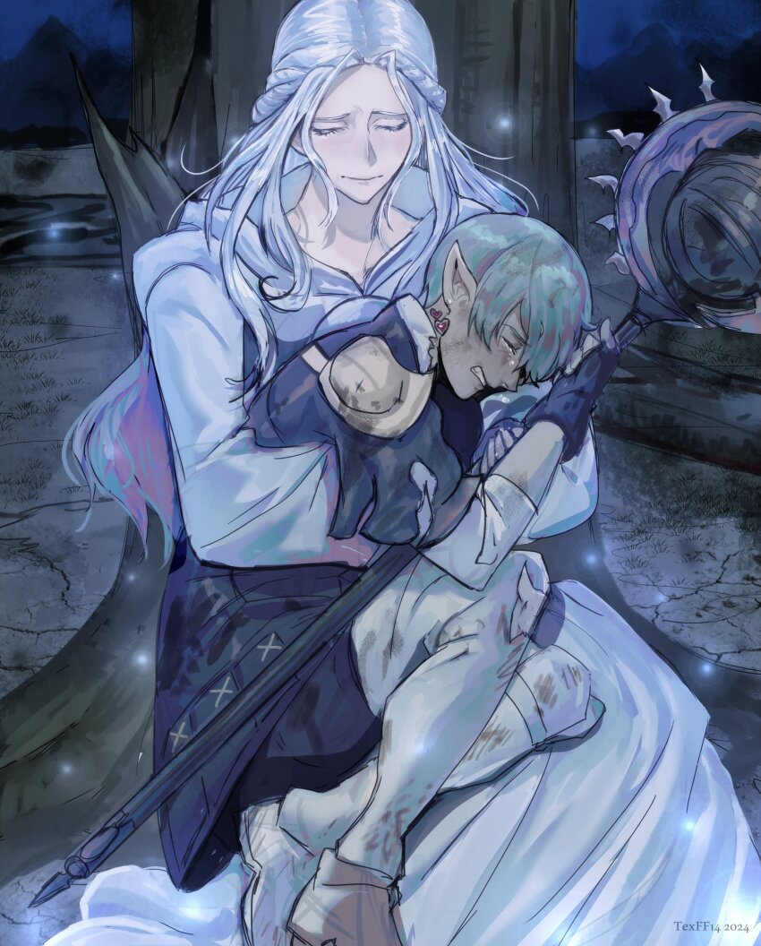 1boy 1girl absurdres artist_name blue_gloves blue_hair blue_jacket braid brown_footwear clenched_teeth closed_eyes commentary crack cracked_floor crying dirty dirty_clothes dirty_face earrings elezen elf english_commentary facing_viewer final_fantasy final_fantasy_xiv fingerless_gloves gloves half_up_braid highres holding holding_staff hood hood_down hooded_robe hug jacket jewelry light_particles long_hair outdoors pants pointy_ears robe shoes short_hair sitting sitting_on_lap sitting_on_person sophist&#039;s_robe_(ff14) sparkle staff tears teeth texd41 torn_clothes torn_jacket venat_(ff14) warrior_of_light_(ff14) white_hair white_pants white_robe