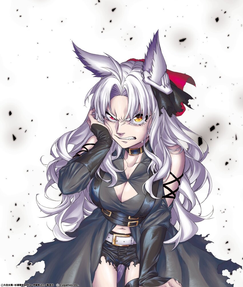 1girl absurdres animal_ears belt belt_collar black_shorts breasts cleavage clenched_teeth collar commentary_request debris ear_ornament folkqueen_(umamusume) heterochromia highres horse_ears horse_girl kuzumi_taiyou large_breasts long_hair long_sleeves looking_at_viewer navel official_art parted_bangs red_eyes shorts solo tears teeth torn_clothes torn_shorts umamusume umamusume:_cinderella_gray white_background white_belt white_hair yellow_eyes