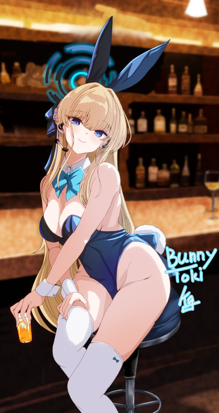 1girl alcohol animal_ear_hairband animal_ears bar_(place) blonde_hair blue_archive blue_bow blue_hairband blue_leotard bow detached_collar drink fake_animal_ears fake_tail hair_between_eyes hairband highres holding holding_drink holding_grass kuga_zankurou leotard long_hair looking_at_viewer official_alternate_costume official_alternate_hairstyle on_stool rabbit_ear_hairband rabbit_ears rabbit_tail sidelocks sitting solo strapless strapless_leotard tail thighhighs toki_(blue_archive) toki_(bunny)_(blue_archive) white_thighhighs wrist_cuffs