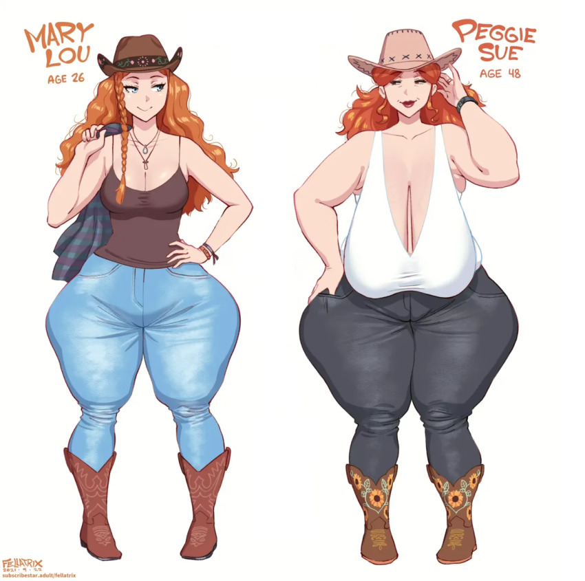 2girls blue_eyes boots breasts cowboy_clothes fellatrix large_breasts mary_lou_(fellatrix) mature_female multiple_girls original peggy_sue_(fellatrix) red_hair thick_thighs thighs