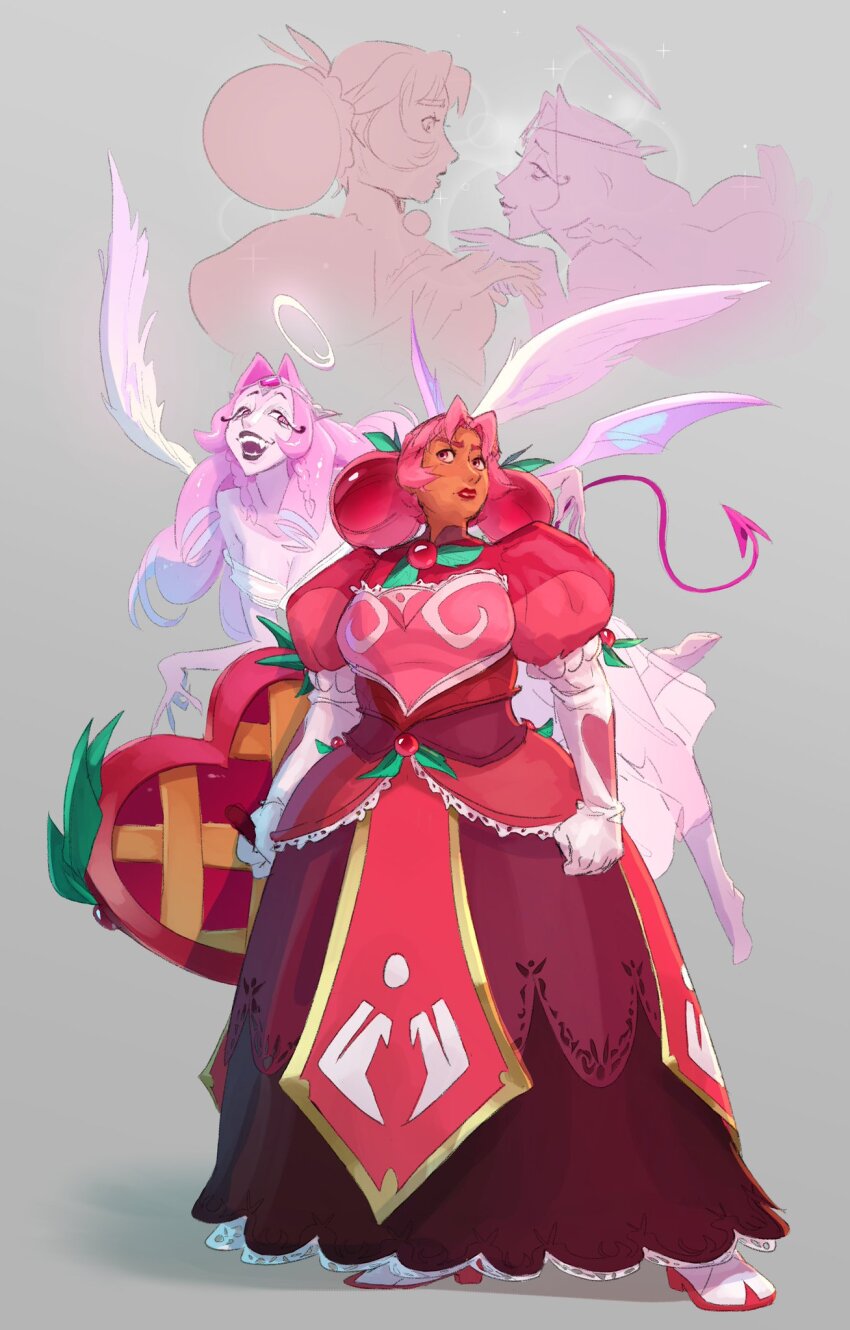 2girls angel angel_wings breasts chowa_jade colored_skin cookie_run cookie_run:_kingdom dark-skinned_female dark_skin demon_girl demon_tail demon_wings double_bun dress elbow_gloves eternal_sugar_cookie gloves hair_bun highres hollyberry_cookie long_hair looking_at_another medium_breasts multiple_girls pink_dress pink_eyes pink_hair pink_skin puffy_short_sleeves puffy_sleeves shield short_sleeves tail very_long_hair white_dress white_gloves wings yuri