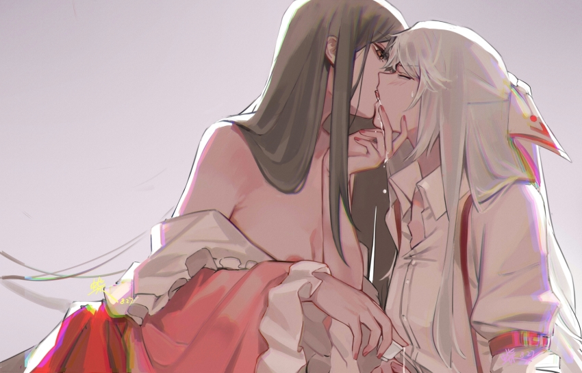 2girls bare_shoulders black_hair blush bow breasts choko_(cup) chromatic_aberration closed_eyes cup dated french_kiss frilled_sleeves frills from_side fujiwara_no_mokou grey_background hair_bow highres holding holding_cup houraisan_chouko houraisan_kaguya kiss long_hair long_sleeves looking_at_another medium_breasts multiple_girls nail_polish off_shoulder pink_shirt profile red_eyes red_nails saliva shirt sidelocks silver_hair simple_background suspenders touhou upper_body white_bow white_shirt wide_sleeves wing_collar yuri