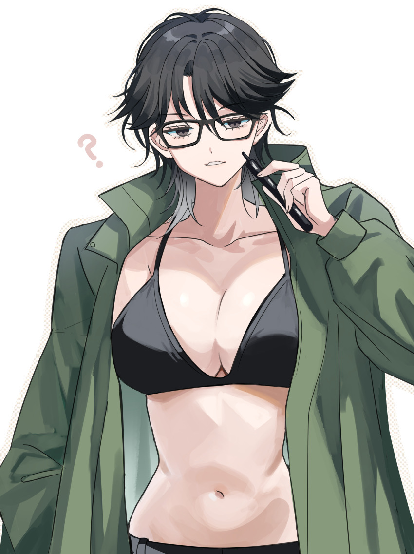 1girl ? absurdres black-framed_eyewear black_bra black_hair bra breasts character_request cleavage gradient_hair green_jacket hand_in_pocket hand_up highres jacket kasuga_kaya large_breasts long_sleeves lookism medium_hair mullet multicolored_hair navel open_clothes open_jacket solo standing underwear white_background