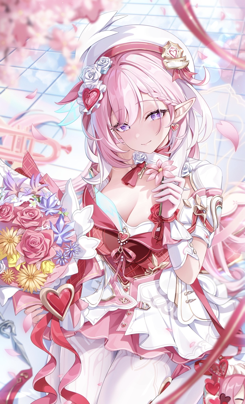 1girl absurdres aida_noa beret blurry blurry_foreground blush bouquet braid braided_bangs breasts cleavage closed_mouth collarbone commentary_request diamond-shaped_pupils diamond_(shape) dress earrings elysia_(hi_love_elf)_(honkai_impact) elysia_(honkai_impact) flower gloves hair_ornament hand_up hat heart heart_earrings heart_hair_ornament highres holding holding_bouquet holding_flower honkai_(series) honkai_impact_3rd jewelry large_breasts long_hair looking_at_viewer pantyhose pink_hair pink_petals pointy_ears purple_eyes single_glove sitting smile solo symbol-shaped_pupils white_dress white_gloves white_hat white_pantyhose
