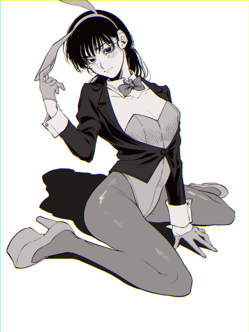 1girl animal_ears black_hair blush bow bowtie chainsaw_man commentary_request fake_animal_ears gloves greyscale haru_rice high_heels highres leotard long_hair looking_at_viewer mitaka_asa monochrome pantyhose playboy_bunny rabbit_ears simple_background sitting solo wrist_cuffs