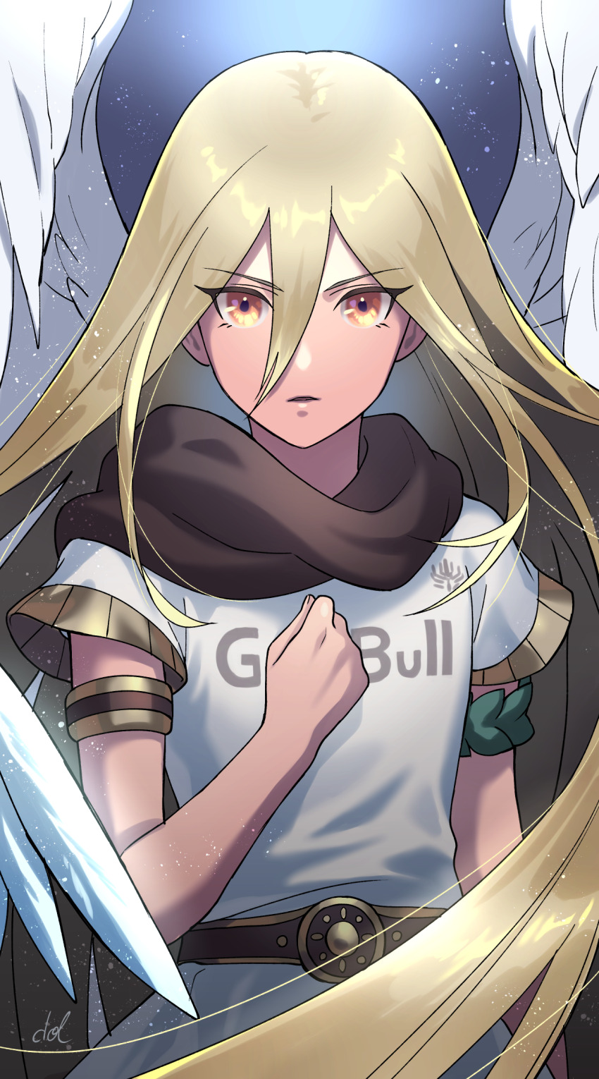 1boy afuro_terumi androgynous angel_wings armlet belt bishounen blonde_hair dolustoy hand_on_own_chest highres inazuma_eleven_(series) inazuma_eleven_ares_no_tenbin jewelry long_hair looking_at_viewer male_focus orange_eyes soccer_uniform solo sportswear tunic upper_body white_tunic wings zeus_(inazuma_eleven)