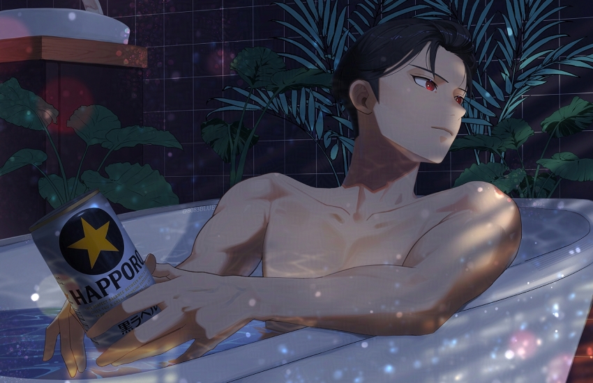 1boy 8083_blue bathroom black_hair can closed_mouth collarbone commentary_request holding holding_can hoshina_soshiro kaijuu_no._8 looking_to_the_side male_focus nude pectorals red_eyes sapporo_beer short_hair sink sitting solo tile_wall tiles
