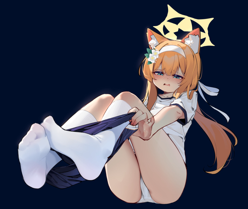 1girl animal_ear_fluff animal_ears blue_archive blue_eyes blush buruma buruma_pull clothes_pull embarrassed full-face_blush highres long_hair mari_(blue_archive) mari_(track)_(blue_archive) no_shoes open_mouth orange_hair painterliuhao panties shirt short_sleeves socks solo underwear white_panties white_shirt white_socks