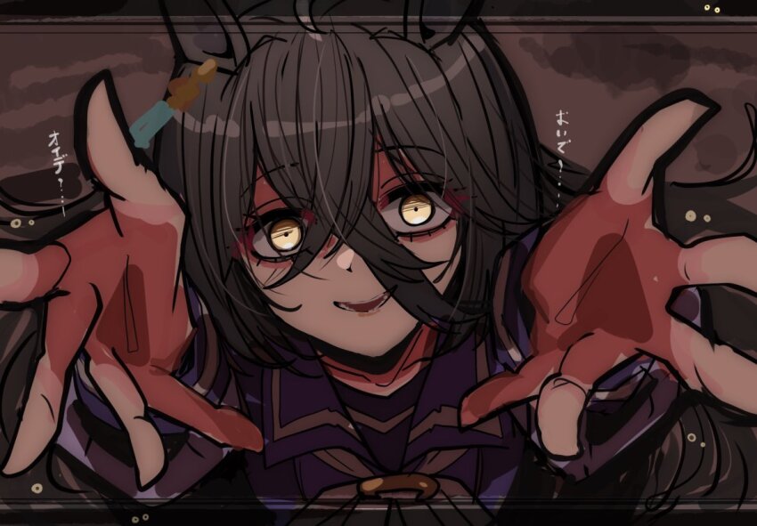 1girl ahoge animal_ears arms_up black_hair bow bowtie crazy_eyes crossed_bangs ear_tag earrings forced_to_watch hair_between_eyes horse_ears horse_girl jewelry kawamochi_(tddm3573) long_hair long_hair_between_eyes manhattan_cafe_(umamusume) multicolored_hair parted_lips purple_sailor_collar purple_shirt sailor_collar shirt single_earring solo translation_request umamusume white_bow white_bowtie white_hair yellow_eyes