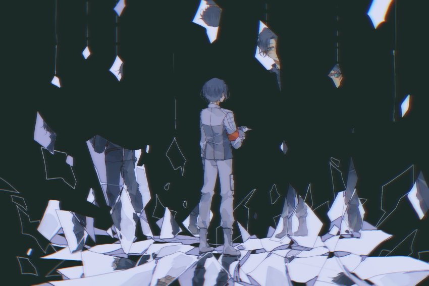 2boys absurdres aqua_eyes armband black_background black_pants broken_glass cyuer11 dual_persona facing_away fenix_uniform glass glass_shards highres igarashi_daiji kagerou_(kamen_rider_revice) kamen_rider kamen_rider_revice male_focus military military_uniform multiple_boys pants reflection simple_background white_pants