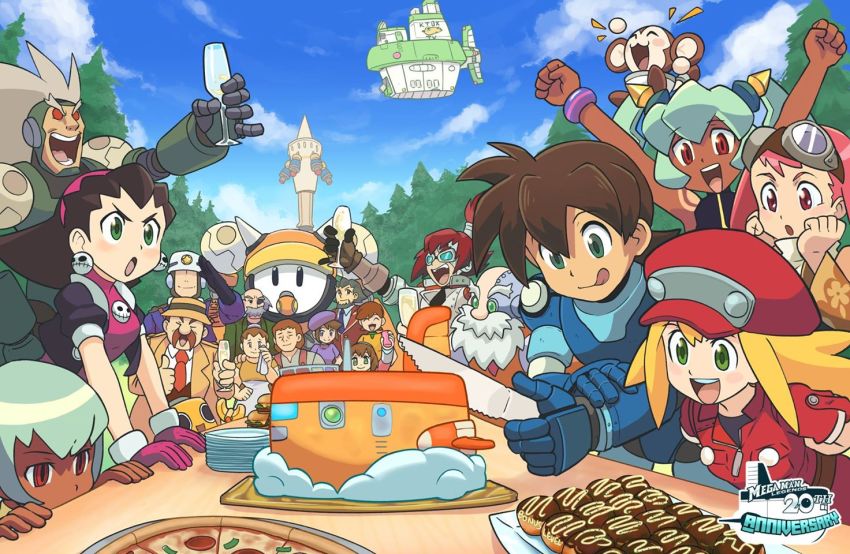 2017 6+boys 6+girls ^_^ aero_(mega_man) anniversary arms_up barrell_caskett_(mega_man) barrett_(mega_man) beard blonde_hair blouse blush bon_bonne_(mega_man) bracelet brown_eyes brown_hair brown_suit newsboy_cap cake capcom champagne_flute closed_eyes cloud collared_shirt copyright_name cup dark-skinned_female dark_skin data_(mega_man) day drinking_glass earrings everyone facial_hair food formal_clothes glass gloves goggles goggles_on_head green_eyes green_hair grey_hair hair_ornament hairband hands_on_cheek hat headgear jewelry logo long_hair mega_man_(series) mega_man_legends_(series) mega_man_legends_3 mega_man_volnutt met_(mega_man) monkey multiple_boys multiple_girls mustache open_mouth outdoors outstretched_arm pink_hair plate red_eyes rinji roll_caskett_(mega_man) sera_(mega_man) shirt short_hair sky smile suit table teeth teisel_bonne_(mega_man) three toasting_(gesture) tongue tongue_out tron_bonne_(mega_man) upper_teeth_only white_shirt yuna_(mega_man)