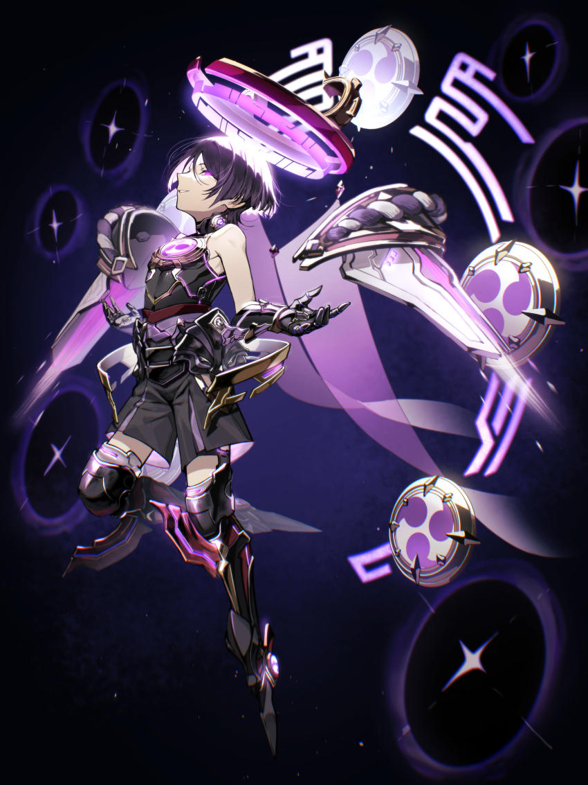 1boy absurdres alternate_costume alternate_eye_color bare_shoulders bishounen black_boots boots buku2_suisou chromatic_aberration cosplay detached_wings from_side full_body genshin_impact gradient_background half-closed_eyes halo highres knee_up light_smile male_focus mechanical_wings multiple_halos no_pupils parted_lips pink_eyes reflective_floor scaramouche_(genshin_impact) scaramouche_(shouki_no_kami)_(genshin_impact) scaramouche_(shouki_no_kami)_(genshin_impact)_(cosplay) shorts sideways_glance sleeveless solo standing standing_on_one_leg teeth thigh_boots tiptoes wings