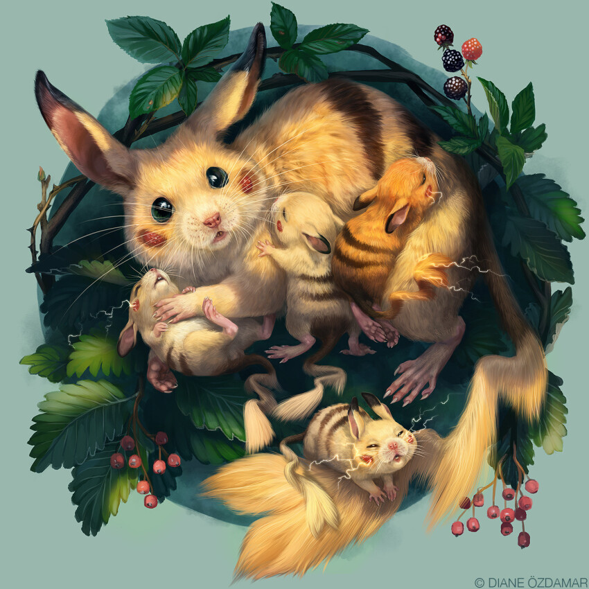 alternate_color animal_focus aqua_background baby baby_animal berry black_eyes carrying carrying_baby carrying_person character_design_challenge closed_eyes closed_mouth commentary cub cuddling diane_ozdamar electricity english_commentary foliage food fruit full_body gen_1_pokemon green_eyes highres juvenile_animal leaf litter looking_at_viewer making-of_available nest nintendo no_humans open_mouth pikachu pokemon pokemon_(creature) raspberry realistic shiny_pokemon swedish_white_bean thorns whiskers young_animal_(magazine)