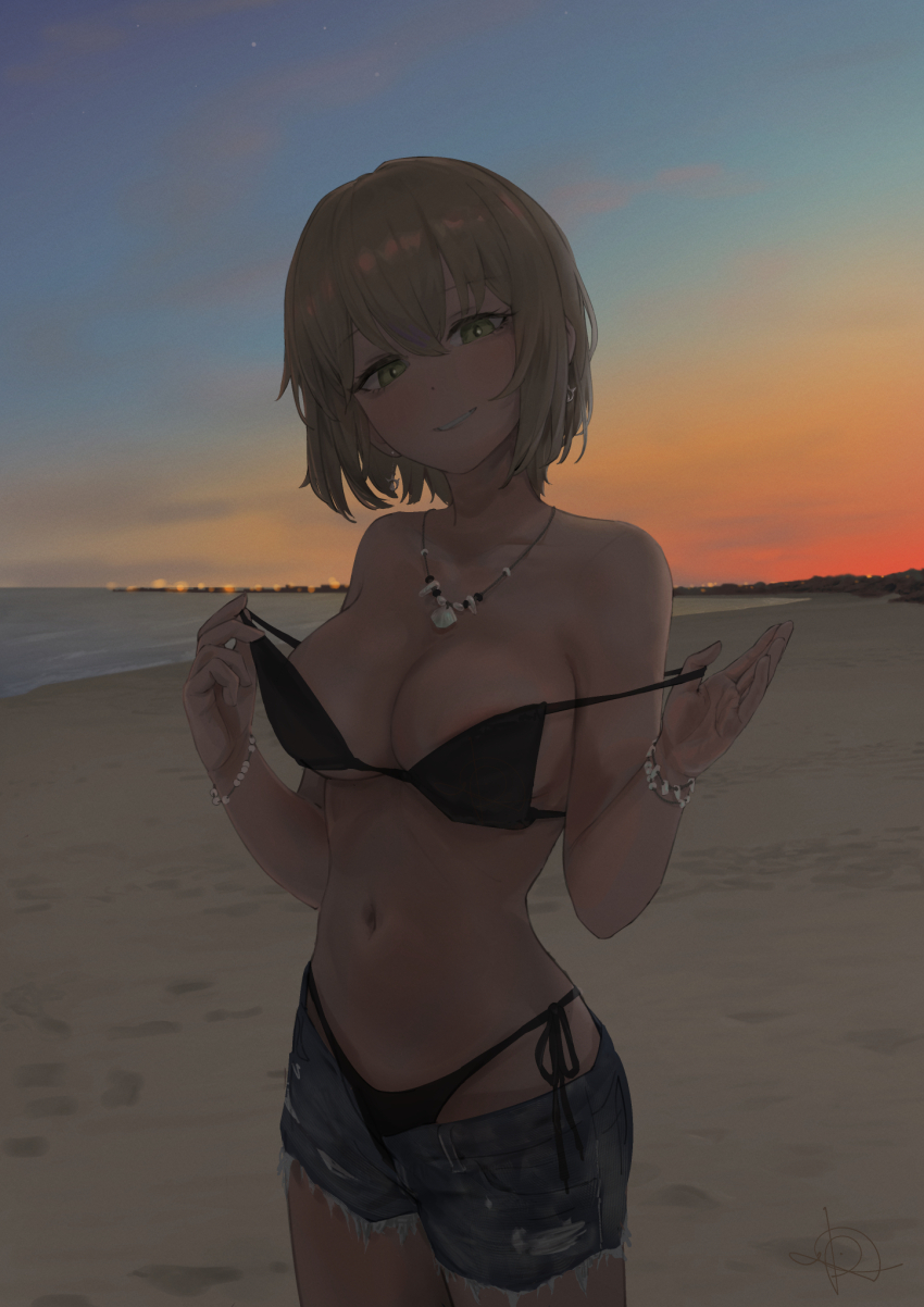 1girl beach bikini bikini_under_shorts black_bikini blonde_hair blue_sky bracelet breasts denim denim_shorts dusk gradient_sky green_eyes highres io_(io_oekaki) jewelry looking_at_viewer medium_breasts navel necklace original outdoors parted_lips pearl_bracelet red_sky short_hair shorts sky smile solo stomach swimsuit undressing
