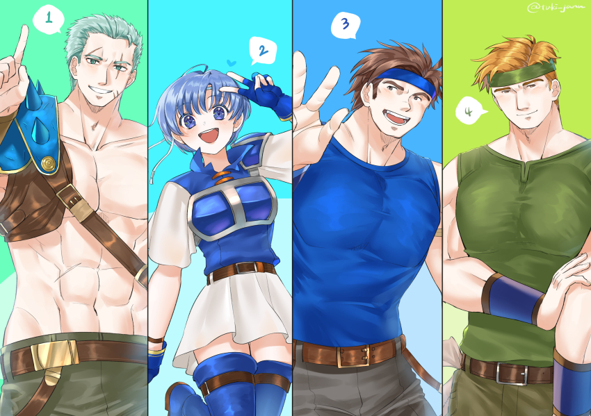 1girl 3boys abs armor blue_armor blue_hair blue_headband dieck_(fire_emblem) fire_emblem fire_emblem:_the_binding_blade green_headband headband highres lot_(fire_emblem) multiple_boys nintendo pectorals shanna_(fire_emblem) speech_bubble tsukimura_(d24f4z8j3t) ward_(fire_emblem)