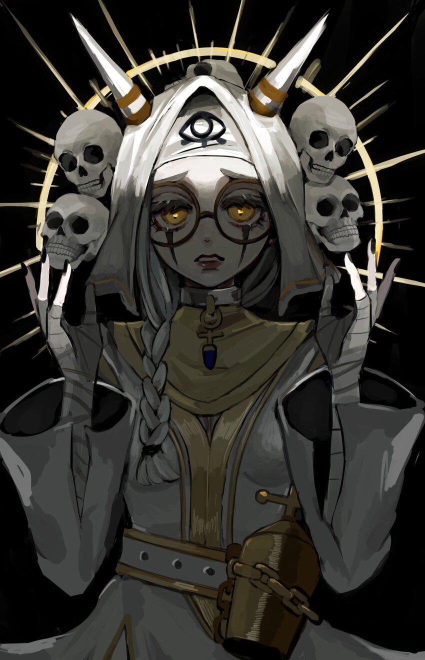 1girl bandaged_arm bandages belt black_background black_nails braid censer chain commentary dress eye_print facial_mark fake_horns fiona_gilman fiona_gilman_(golden_future) glasses habit hair_over_shoulder hands_up highres hoge_(n8sss) horned_headwear horns identity_v lips long_hair looking_at_viewer official_alternate_costume parted_lips round_eyewear single_braid skull solo symbol-only_commentary upper_body white_belt white_dress white_hair white_headwear yellow_eyes