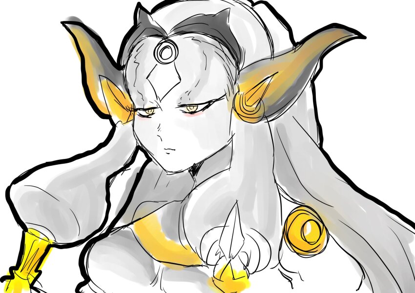 1girl anonym_tarou breasts closed_mouth grey_hair grimms_notes highres horns long_hair long_sidelocks mirror_plate_fiend_(grimms_notes) monster_girl sidelocks simple_background sketch solo white_background yellow_eyes