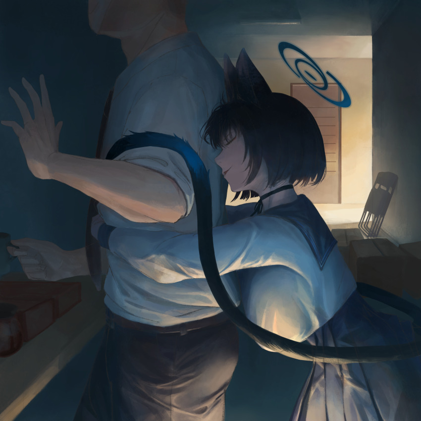 1boy 1girl absurdres animal_ears black_choker black_hair blue_archive blue_halo breasts chair choker closed_eyes closed_mouth collared_shirt folding_chair halo highres hug hug_from_behind indoors kikyou_(blue_archive) large_breasts long_sleeves necktie open_mouth pleated_skirt school_uniform sensei_(blue_archive) serafuku shirt short_hair skirt twckb