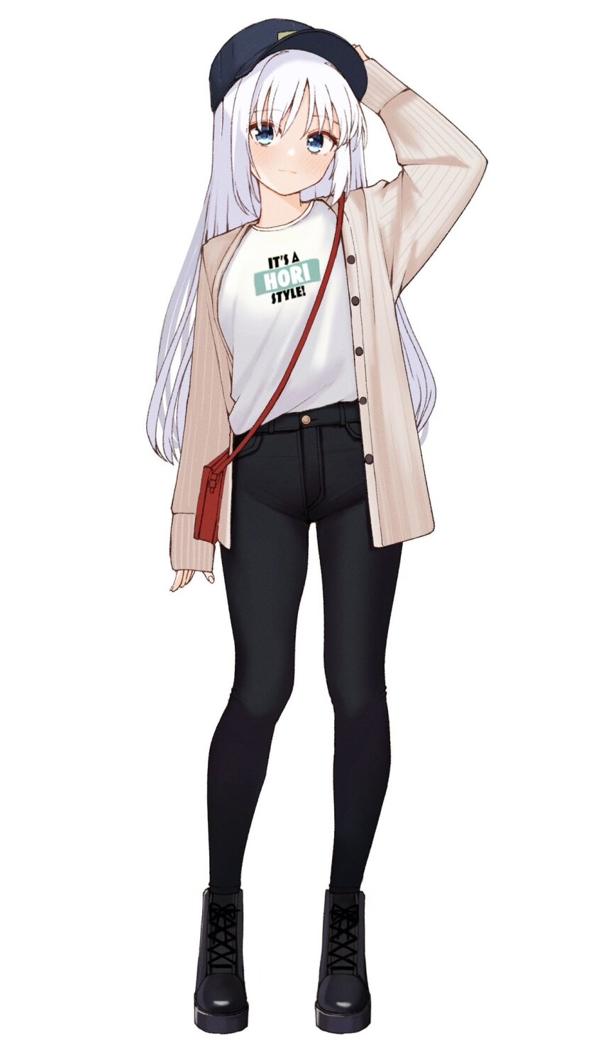 1girl alternate_costume alternate_hairstyle arm_at_side arm_up bag black_boots black_hat black_pants blue_eyes blush boots brown_cardigan cardigan casual closed_mouth clothes_writing commentary_request english_text full_body hair_between_eyes hair_down handbag hat highres lace-up_boots long_hair looking_at_viewer pants peaked_cap red_bag ribbed_cardigan senren_banka shirt sidelocks simple_background sleeves_past_wrists smile solo standing straight_hair tft_(tft7822) tomotake_yoshino white_background white_hair white_shirt