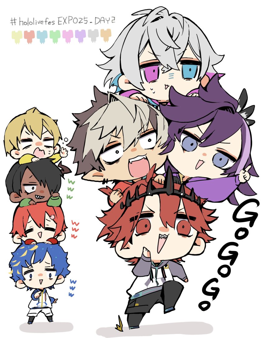 6+boys absurdres aragami_oga astel_leda az3nnn banzoin_hakka black_hair blonde_hair blue_hair brown_hair chibi chibi_only commentary crimzon_ruze crown earrings gavis_bettel grey_hair grin hair_between_eyes hanasaki_miyabi highres holostars holostars_english human_tower jacket jewelry jurard_t_rexford kishido_temma laughing long_sleeves male_focus multicolored_hair multiple_boys official_alternate_costume open_mouth pointing pointing_at_another pointy_ears purple_eyes red_eyes red_hair running sharp_teeth short_hair smile spoken_www stacking teeth two-tone_hair virtual_youtuber white_background