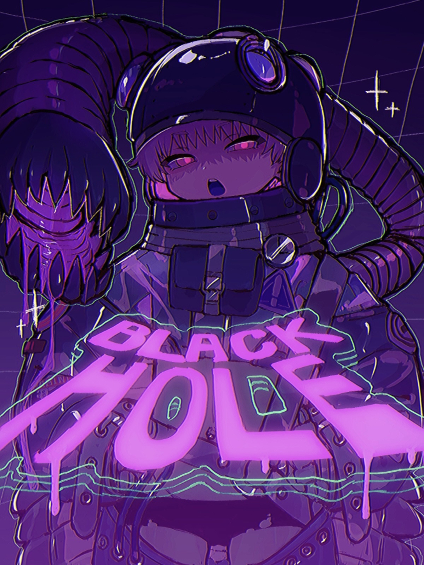 ! 1boy amazu_ore animal_helmet black_shorts cyberspace dark dot_nose dripping english_text hand_on_own_hip highres long_sleeves looking_at_viewer micro_shorts midriff opabinia open_mouth pink_pupils purple_eyes purple_hair purple_theme short_hair shorts solo spacesuit sparkle standing teeth tube upper_teeth_only