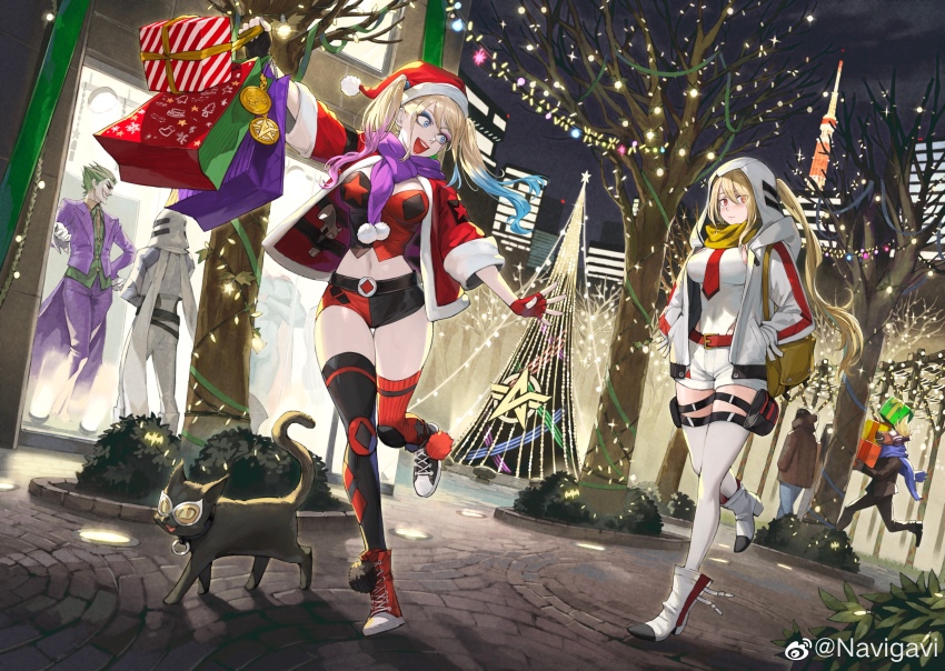 2boys 2girls :d absurdres ankle_boots asymmetrical_footwear asymmetrical_gloves asymmetrical_legwear bag bare_tree batman_(series) belt belt_pouch black_cat black_footwear black_gloves black_shorts black_thighhighs blonde_hair blue_eyes blue_eyeshadow blue_hair boots box breasts brick_floor building bush cat christmas christmas_lights christmas_tree closed_mouth colored_tips cotton_ball dc_comics diamond_(shape) dutch_angle eyeshadow fingerless_gloves furrowed_brow gift gift_box gloves goggles goggles_on_head green_hair green_shirt hands_in_pockets harley_quinn hat highres holding holding_bag hood hood_up hooded_jacket horse_head jacket jun_(navigavi) knives_out lace-up_boots large_breasts leg_belt leotard logo looking_at_another looking_to_the_side makeup midriff mismatched_eyeshadow mismatched_footwear mismatched_gloves mismatched_legwear multicolored_hair multiple_boys multiple_girls navel necktie night night_sky open_mouth outdoors outstretched_arms pants pink_eyeshadow pink_hair ponytail pouch purple_jacket purple_pants purple_scarf red_belt red_eyes red_footwear red_gloves red_jacket red_lips red_necktie red_shorts red_thighhighs red_tube_top ribbon road santa_costume santa_hat scarf shirt shopping_bag shorts shoulder_bag sky smile spread_arms star_(symbol) strapless street the_joker thighhighs tree tube_top twintails two-tone_shorts walking watermark weibo_watermark white_footwear white_hood white_jacket white_leotard white_pants white_shorts white_thighhighs winter yellow_necktie yellow_scarf