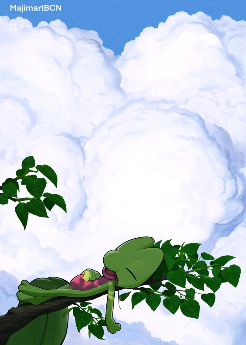 artist_name blue_sky branch closed_eyes cloud cloudy_sky colored_skin commentary creatures_(company) dappled_sunlight day game_freak gen_3_pokemon green_skin highres leaf lying majimartbcn nintendo no_humans on_back open_mouth outdoors pokemon pokemon_(creature) pokemon_focus sky sleeping solo sunlight treecko