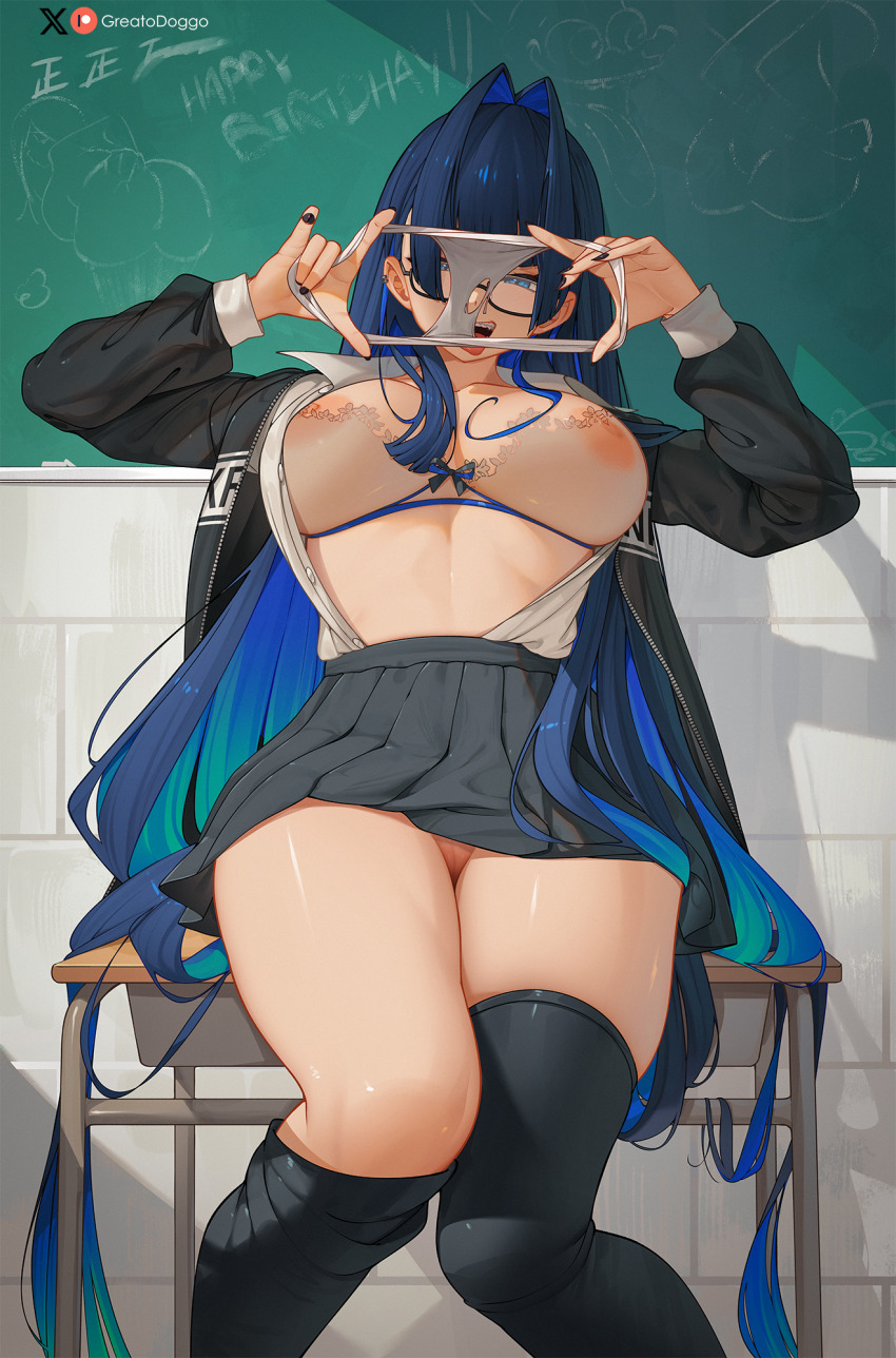 1girl alternate_costume alternate_hair_length alternate_hairstyle aqua_hair arms_up black-framed_eyewear black_jacket black_nails black_skirt black_thighhighs blue_eyes blue_hair blunt_bangs bow bow_bra bra braces breasts breasts_apart center-flap_bangs chalkboard collarbone collared_shirt commentary covered_erect_nipples earclip english_commentary glasses greatodoggo hair_intakes half-closed_eyes highres hime_cut holding holding_panties holding_underwear holding_unworn_clothes hololive hololive_english jacket knees_together_feet_apart large_breasts light_blush lingerie long_hair looking_at_viewer multicolored_hair nipples open_clothes open_jacket open_mouth open_shirt ouro_kronii panties patreon_logo patreon_username pleated_skirt presenting_removed_panties pussy see-through_bra see-through_clothes shirt sidelocks sitting sitting_on_table skirt solo teeth thighhighs thighs tile_wall tiles tongue tongue_out torn_clothes torn_panties twitter_logo twitter_username underwear upper_teeth_only upskirt very_long_hair virtual_youtuber white_panties white_shirt zipper