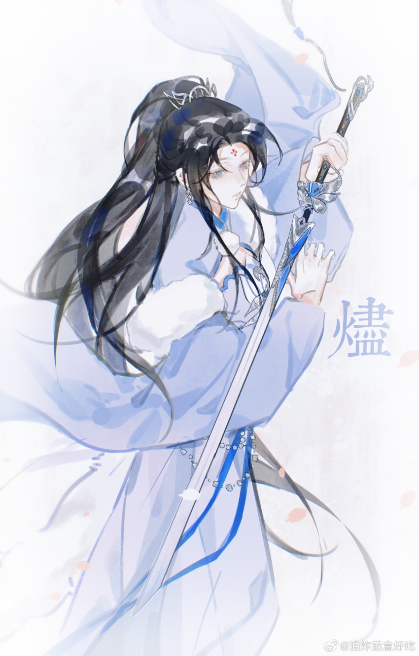 1girl absurdres artist_request black_hair blue_eyes blue_hanfu blue_sash character_name chinese_clothes chinese_commentary commentary_request commission earrings expressionless facial_mark falling_petals feet_out_of_frame fighting_stance floating_clothes floating_hair fur_shawl furisode_sleeves hands_up hanfu headpiece high_ponytail highres holding holding_sword holding_weapon huadian jewelry long_hair looking_to_the_side mandarin_collar original parted_lips petals pink_petals pink_pupils pom_pom_(clothes) ponytail sash second-party_source shawl simple_background solo sword variant_set watercolor_effect watermark weapon weibo_watermark white_background wide_sleeves yejin_(bujindong)