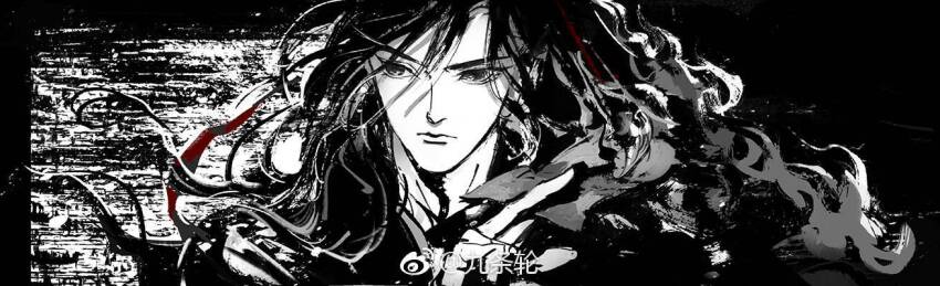 1boy between_fingers black_eyes black_hair black_hanfu burning chinese_clothes closed_mouth faux_traditional_media fire floating_hair greyscale hair_ribbon hanfu holding holding_ofuda ink_wash_painting kcllzas163 long_hair looking_at_viewer male_focus modao_zushi monochrome ofuda ofuda_between_fingers ponytail portrait red_ribbon ribbon solo spot_color third-party_source upper_body watermark wei_wuxian weibo_watermark