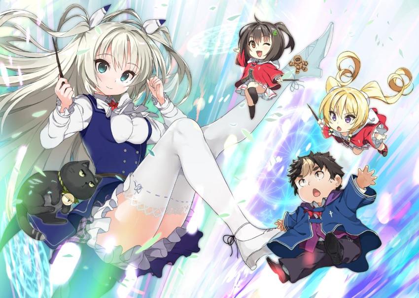 1boy 3girls alicia_vladia_sarkista aqua_eyes art_ange black_cat blue_vest breasts buta_koushaku buttons cat character_request charlotte_lily_hughjack chibi chibi_inset closed_mouth double-breasted floating frilled_sleeves frills holding holding_wand lace lace-trimmed_legwear lace_trim legs legs_up long_hair long_sleeves looking_at_viewer medium_breasts miniskirt multiple_girls nauribon official_art petticoat plaid_clothes plaid_skirt purple_skirt silver_hair skirt smile thighhighs two_side_up upskirt vest wand white_footwear white_legwear white_neckwear