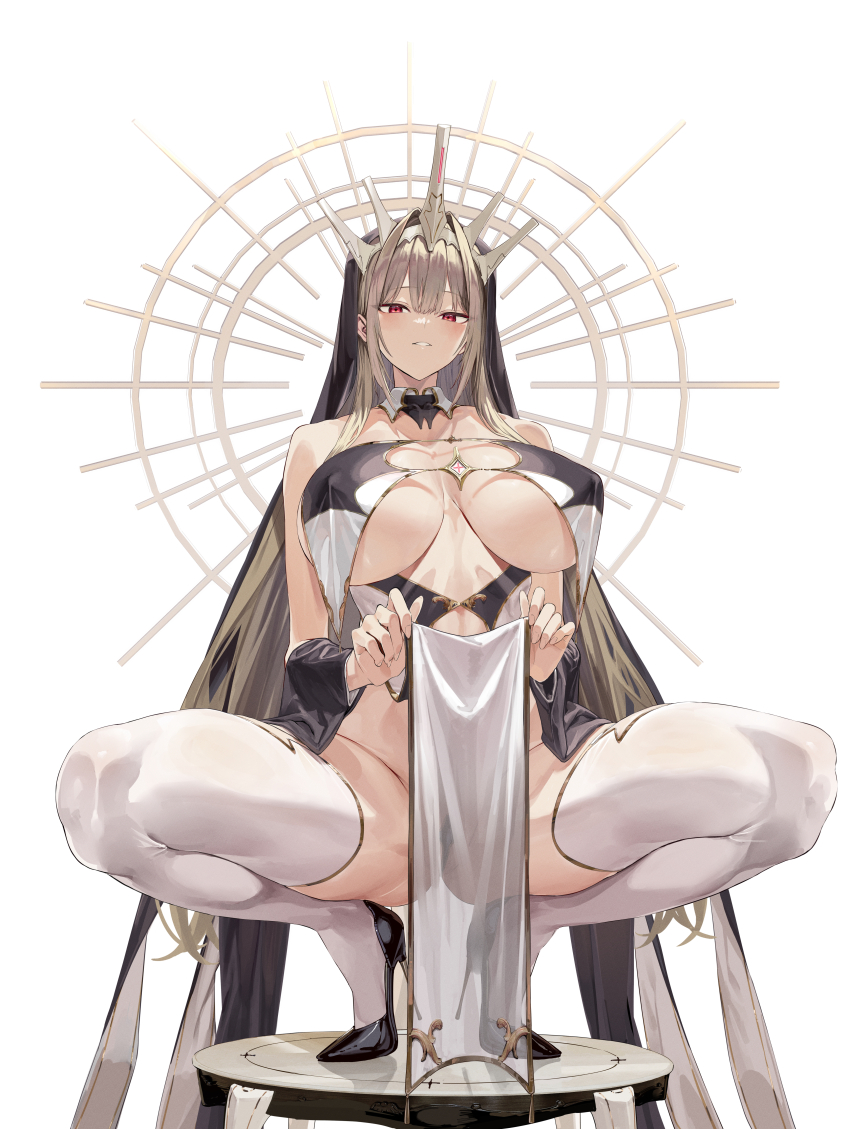 1girl absurdres bare_shoulders blush breasts cleavage crown dress halo highres hiiragi_yuuichi large_breasts light_brown_hair long_hair looking_at_viewer original parted_lips pelvic_curtain red_eyes solo spread_legs squatting thighhighs very_long_hair white_background