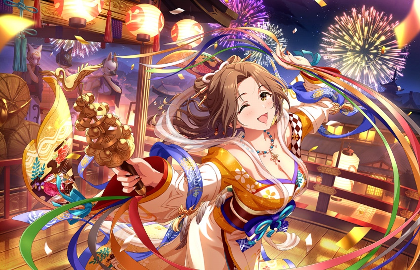 architecture bird breasts brown_hair building cleavage confetti east_asian_architecture fireworks flute forehead game_cg holding idolmaster idolmaster_cinderella_girls idolmaster_cinderella_girls_starlight_stage instrument japanese_clothes kawashima_mizuki kimono lantern mask official_art one_eye_closed open_mouth yellow_eyes
