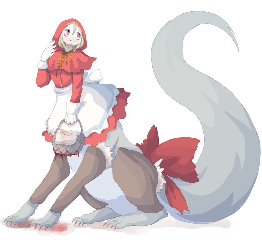 1girl 4138 apron back_bow bags_under_eyes basket blonde_hair blood blood_from_mouth blood_on_hands bow buttons centauroid claws commentary dress highres holding holding_basket little_red_riding_hood_(fairy_tale) little_red_riding_hood_(fairy_tale_character) monster_girl original red_bow red_dress red_eyes red_hood ribbon severed_hand short_hair simple_background sitting solo tail tail_bow tail_ornament taur waist_apron white_apron white_background white_bow wolf_girl yellow_ribbon