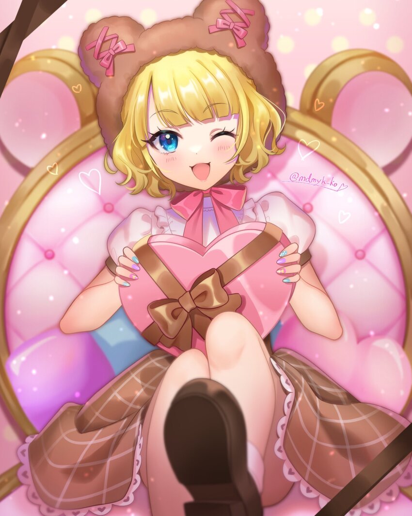 1girl ;d bear_hat blonde_hair blue_eyes blunt_bangs box brown_headwear brown_shoes brown_skirt chair commentary_request cone_hair_bun double_bun frilled_skirt frills hair_bun heart-shaped_box highres holding holding_box leg_up looking_at_viewer mendamen minami_mirei multicolored_nails nail_polish neck_ribbon on_chair one_eye_closed open_mouth pink_ribbon plaid_clothes plaid_skirt pretty_series pripara puffy_short_sleeves puffy_sleeves ribbon shoe_soles shoes short_hair short_sleeves sitting skirt smile solo throne valentine