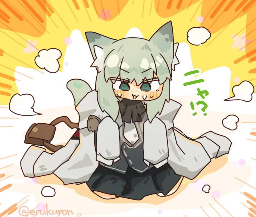 1girl aged_down animal_ears arknights black_skirt cat_ears cat_girl cat_tail chibi green_eyes green_hair grey_jacket harmonie_(arknights) highres jacket lcron seiza sitting skirt solo surprised tail
