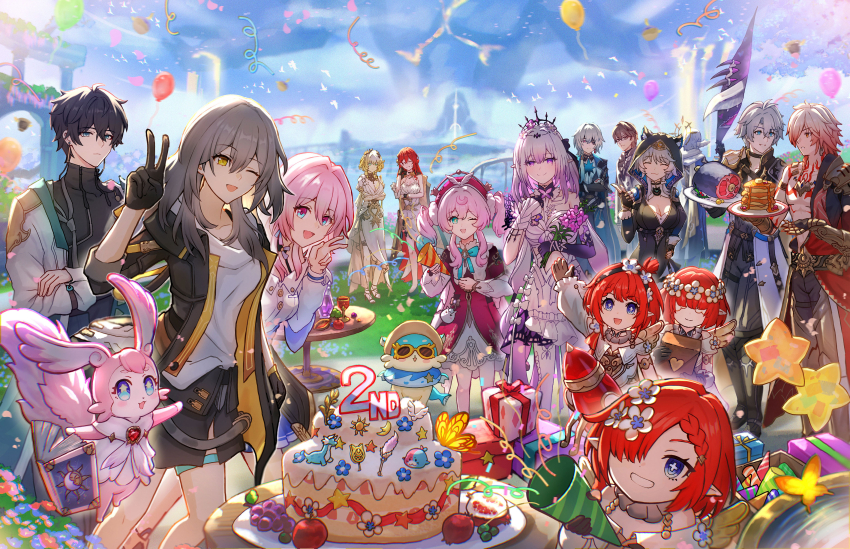 5boys 6+girls ;) absurdres aglaea_(honkai:_star_rail) anaxa_(honkai:_star_rail) ancient_greek_clothes animal_ears animal_hood anniversary aqua_eyes balloon black_coat black_gloves black_hair black_jacket black_leotard black_pants black_skirt black_tiara blonde_hair blue_eyes blue_sky book box breasts brown_hair cake castorice_(honkai:_star_rail) cat_ears cat_girl cat_hood cat_tail chimera_(honkai:_star_rail) chrysos_heirs_(honkai:_star_rail) cipher_(honkai:_star_rail) cleavage coat commentary_request cross-shaped_pupils dan_heng_(honkai:_star_rail) dress elbow_gloves eyepatch fingerless_gloves flower food gift gift_box glasses gloves greco-roman_clothes grey_hair highres himeko_(honkai:_star_rail) holding holding_flower holding_plate honkai:_star_rail honkai_(series) hood hyacine_(honkai:_star_rail) isome jacket large_breasts leotard long_hair march_7th_(honkai:_star_rail) meat medium_breasts mem_(honkai:_star_rail) multiple_boys multiple_girls mydei_(honkai:_star_rail) one_eye_closed open_book outdoors pancake pancake_stack pants phainon_(honkai:_star_rail) pink_hair plate pointy_ears purple_eyes purple_gloves purple_hair red_dress red_hair shirt short_hair skirt sky smile star_balloon stelle_(honkai:_star_rail) symbol-shaped_pupils tail thigh_strap tiara trailblazer_(honkai:_star_rail) trianne_(honkai:_star_rail) tribbie_(honkai:_star_rail) trinnon_(honkai:_star_rail) twintails welt_yang white_coat white_dress white_hair white_jacket white_shirt