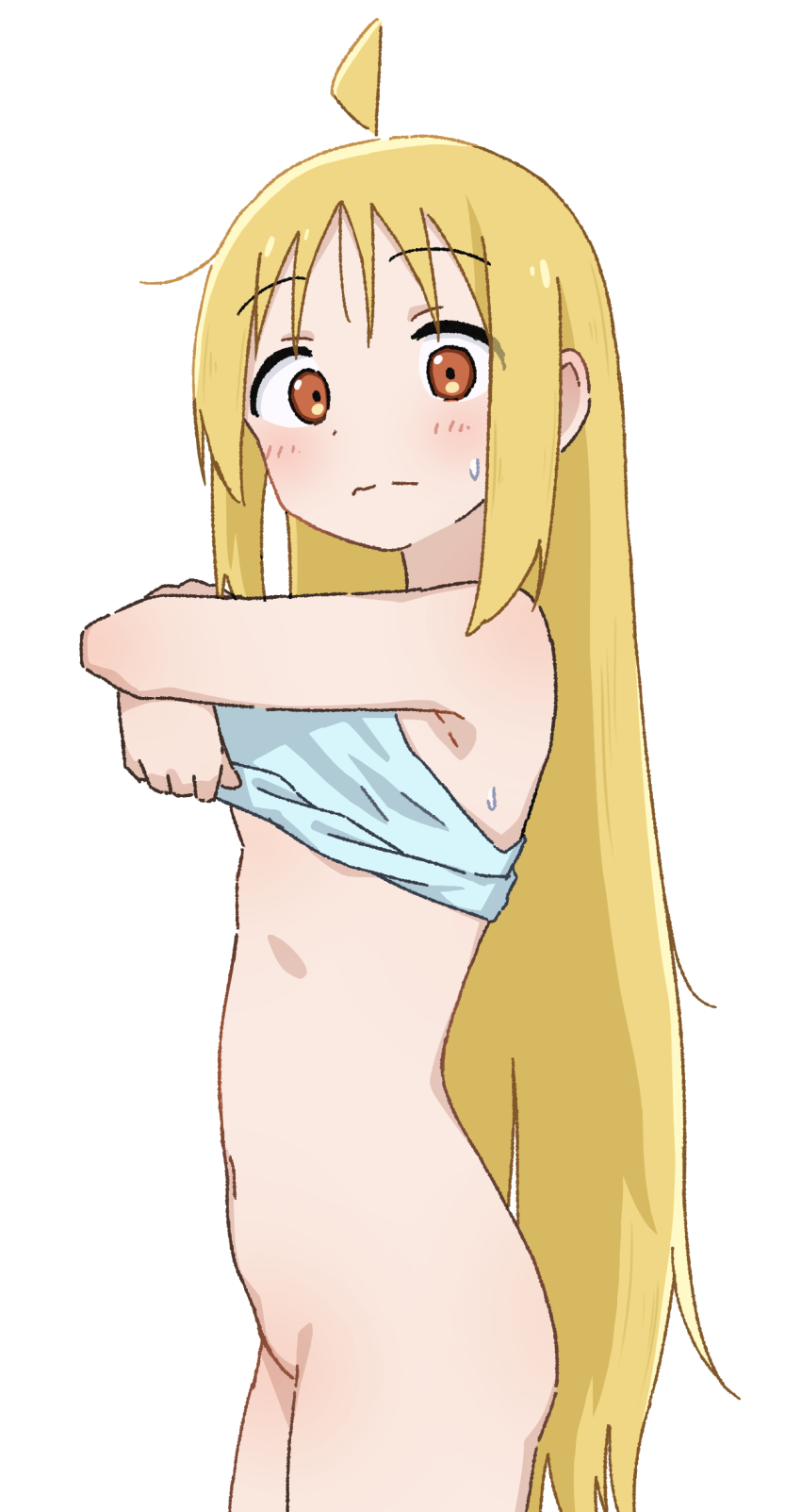 1girl absurdres ahoge alternate_hairstyle blush bocchi_the_rock! bottomless breasts commentary highres ijichi_nijika long_hair looking_at_viewer navel orange_eyes petite simple_background small_breasts solo stomach straight_hair sugidoritos sweatdrop undressing very_long_hair white_background