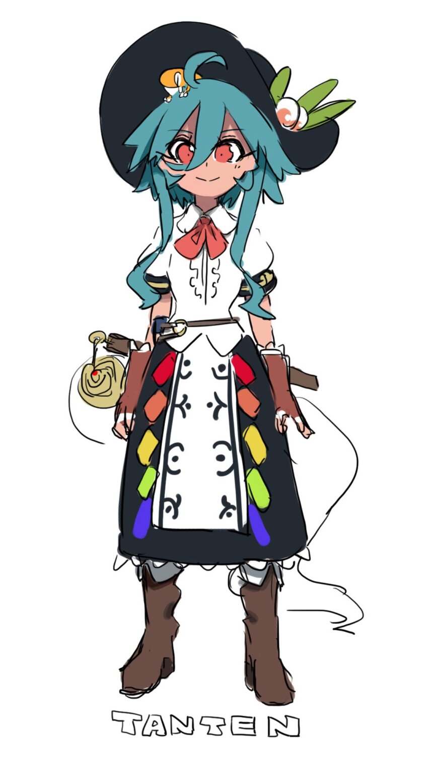 1girl adapted_costume ahoge apron black_hat black_skirt blue_hair boots brown_boots brown_gloves center_frills closed_mouth collared_shirt fingerless_gloves food frilled_skirt frills fruit full_body gloves hair_between_eyes hat highres hinanawi_tenshi light_smile long_hair looking_at_viewer peach peach_hat_ornament print_apron puffy_short_sleeves puffy_sleeves rainbow_order red_eyes shirt short_sleeves siirakannu skirt solo standing touhou waist_apron white_shirt
