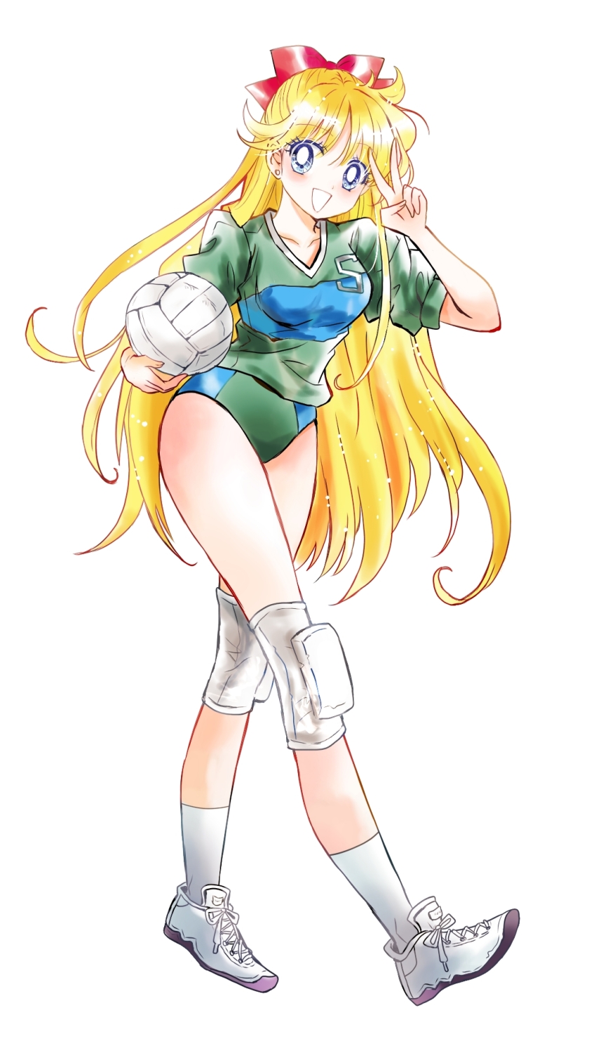 1girl aino_minako ball bishoujo_senshi_sailor_moon blonde_hair blue_eyes bow buruma collarbone commission earrings full_body green_buruma green_shirt grin hair_bow highres jewelry knee_pads long_hair looking_at_viewer pixiv_commission red_bow shirt shoes short_sleeves simple_background sketch smile sneakers socks solo sportswear standing usadapan1005 v very_long_hair volleyball volleyball_(object) volleyball_uniform white_background white_socks