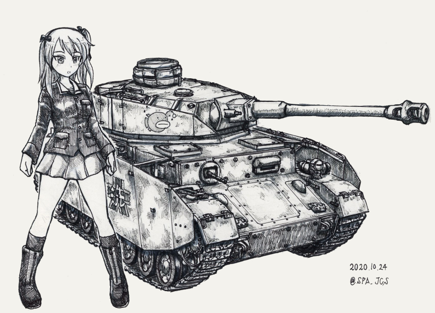 1girl alternate_costume anglerfish boots dated emblem fish girls_und_panzer hair_ribbon highres jacket long_hair long_sleeves looking_at_viewer military_uniform military_vehicle miniskirt motor_vehicle nspa_(spa-jcs) ooarai_(emblem) ooarai_military_uniform open_mouth panzer_iv pleated_skirt ribbon shimada_arisu skirt socks solo standing tank twitter_username