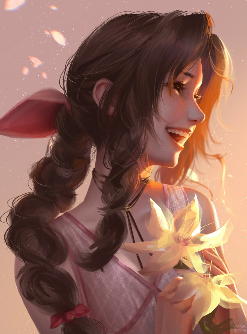 1girl absurdres aerith_gainsborough artist_name bare_shoulders braid braided_ponytail breasts brown_hair choker commentary dress drill_hair drill_sidelocks english_commentary final_fantasy final_fantasy_vii final_fantasy_vii_remake flower gradient_background green_eyes hair_ribbon highres holding holding_flower looking_to_the_side open_mouth parted_bangs pink_dress pink_ribbon ribbon safaia sidelocks sleeveless sleeveless_dress small_breasts smile solo teeth upper_body upper_teeth_only yellow_flower