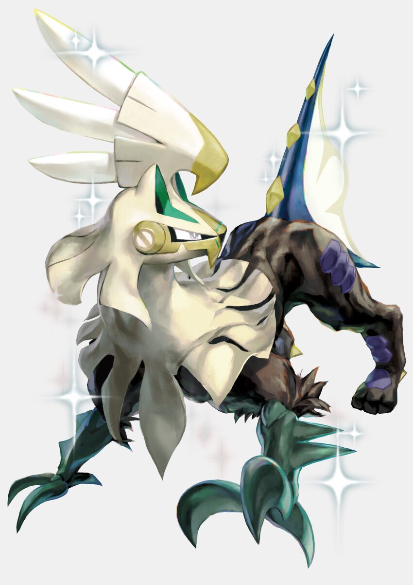 absurdres alternate_color animal_focus artist_request bright_pupils colored_lineart commentary english_commentary gen_7_pokemon head highres legendary_pokemon looking_back nintendo no_humans official_art pokemon pokemon_(creature) shiny_pokemon silvally simple_background sparkle standing third-party_source white_background white_pupils yellow_eyes