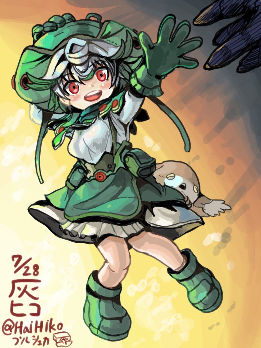 1girl bondrewd boots curly_hair dated gloves green_boots green_gloves green_headwear hai_to_hickory hand_on_own_head hat highres knees_together_feet_apart made_in_abyss meinya_(made_in_abyss) open_mouth pouch prushka reaching reaching_towards_viewer red_eyes short_hair signature skirt smile solo_focus twitter_username white_hair
