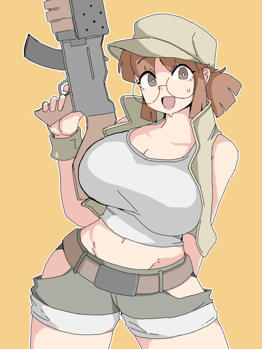 1girl bamman bare_shoulders belt breasts brown_hair clothing_cutout crop_top cropped_jacket fio_germi glasses hat highres large_breasts medium_hair metal_slug ponytail shorts sleeveless sweatdrop thigh_cutout
